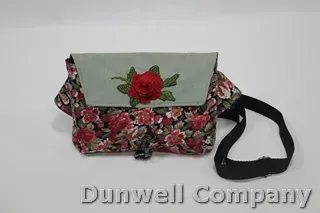 Crossbody Bag Floral Denim Pinks and Reds on Black Background